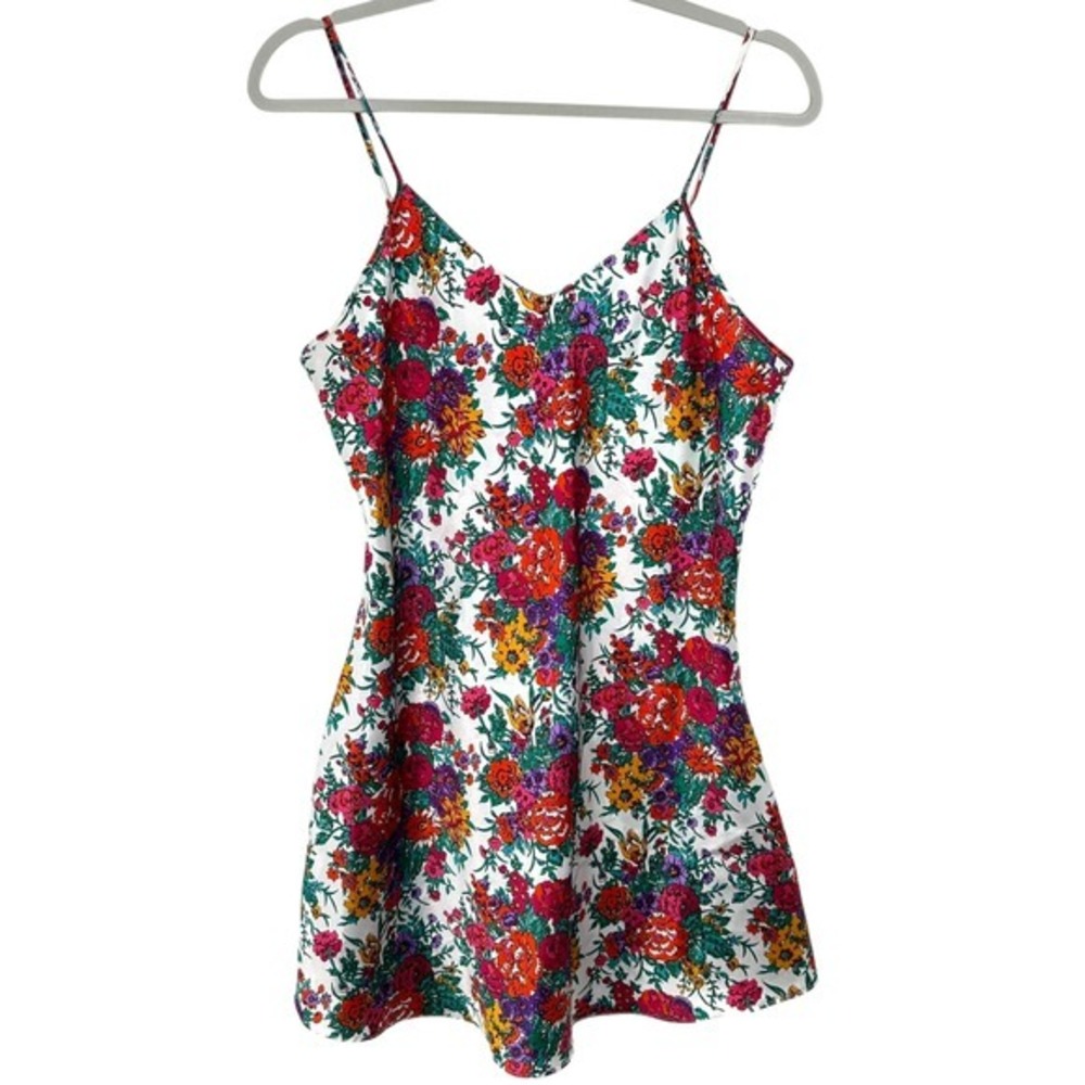 Vibrant Retro Floral Print Mini Slip Dress Chemise Nightie‎ Spaghetti Straps